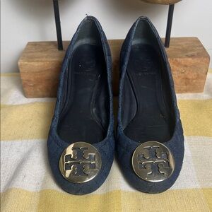 Tory Burch Women's Dark Blue Flats with Gold Emblem